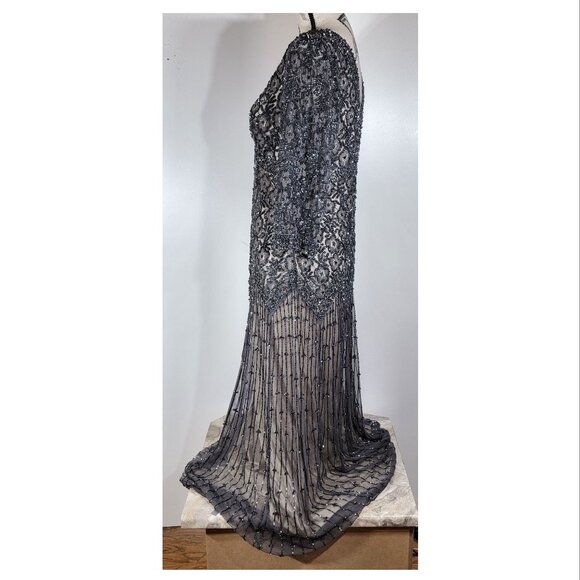 Pisarro Nights Beaded Illusion Evening Gown, Charcoal Gray, Womens Size 10 - Picture 3 of 8